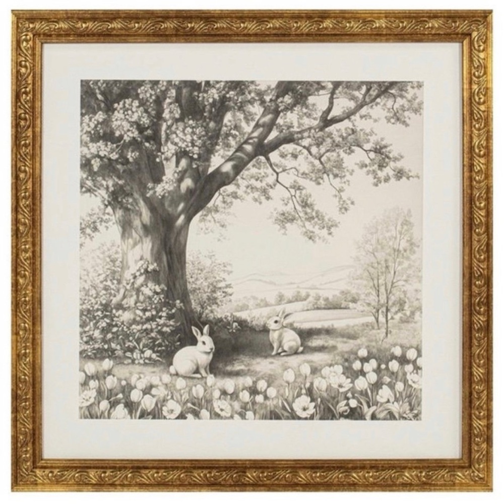 My Texas House Bunnies in Nature Framed Easter Artwork, Black & White, 12"x12”